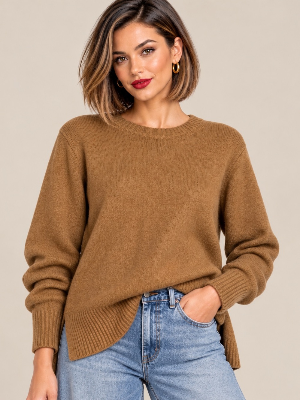 Banana Republic womans  Camel Brown Wool Crewneck Sweater Side Slit Medium